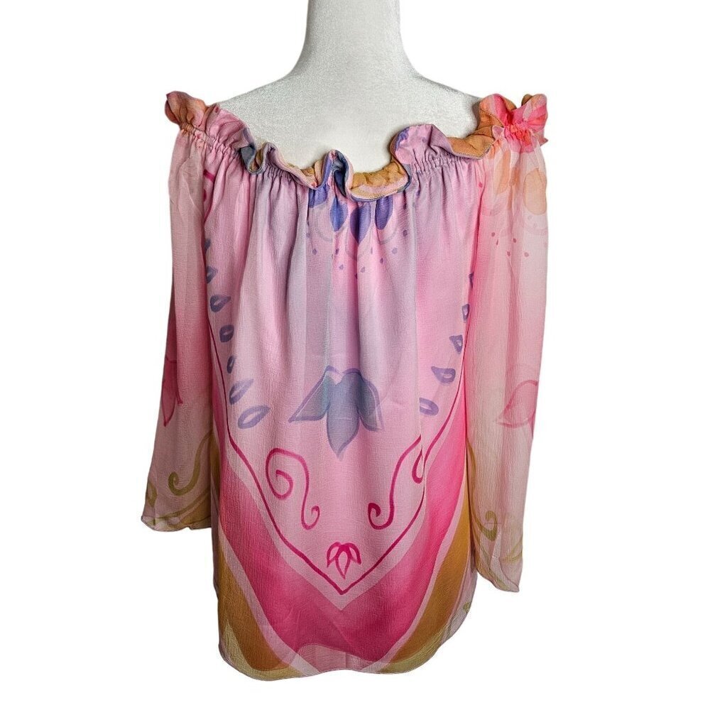 Craig Signer Miami Designer Vintage Top 100% Silk Pink Colorful Fun Off Shoulder